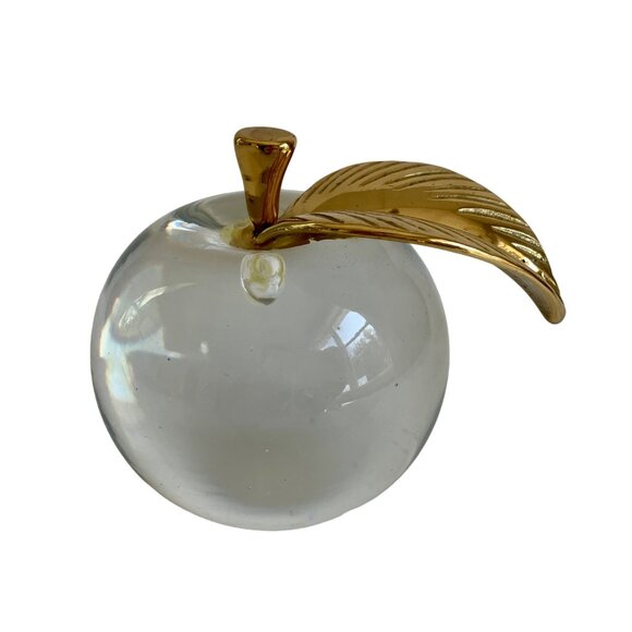 Vintage Clear Glass Apple Brass Leaf Stem Paperweight Large - Picture 1 of 7